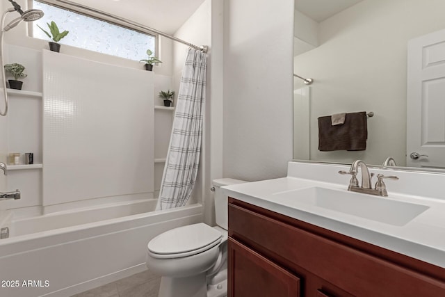 full bathroom with tile patterned flooring, shower / bath combo, toilet, and vanity