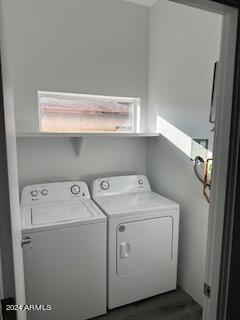 washroom featuring washing machine and clothes dryer and dark hardwood / wood-style flooring