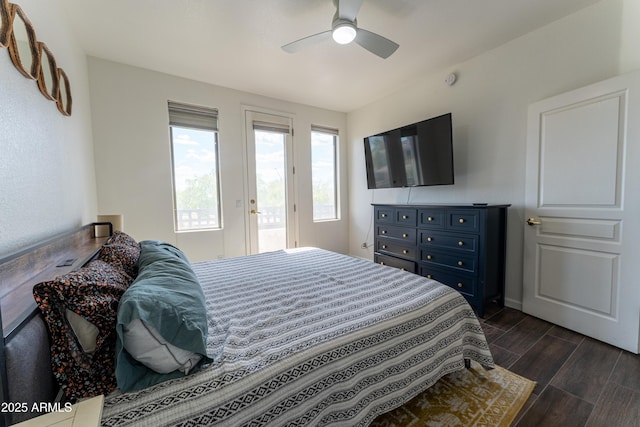 15221 N Clubgate Dr Unit 2132, Scottsdale, AZ 85254 - bedroom featuring ceiling fan, baseboards, access to exterior, and wood tiled floor