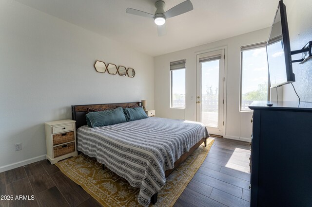 15221 N Clubgate Dr Unit 2132, Scottsdale, AZ 85254 - bedroom with a ceiling fan, baseboards, dark wood finished floors, and access to exterior