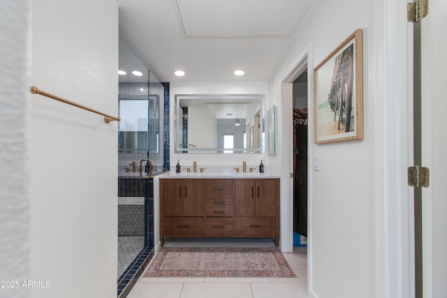 15221 N Clubgate Dr Unit 2132, Scottsdale, AZ 85254 - full bathroom with a shower stall, tile patterned flooring, a sink, and double vanity
