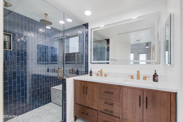 15221 N Clubgate Dr Unit 2132, Scottsdale, AZ 85254 - full bath featuring recessed lighting, double vanity, a stall shower, and a sink