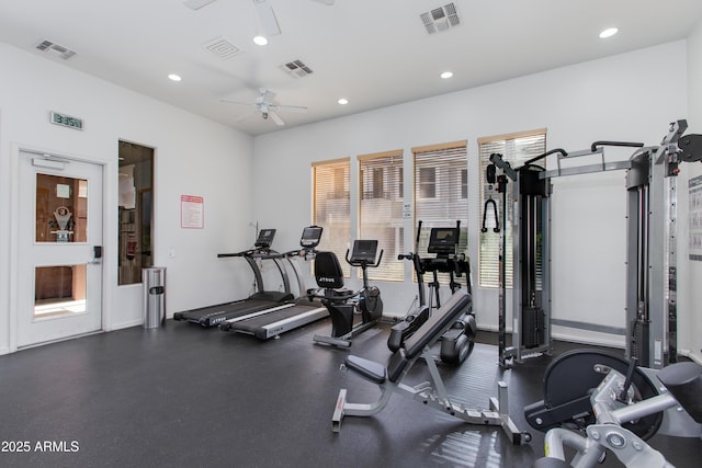 15221 N Clubgate Dr Unit 2132, Scottsdale, AZ 85254 - exercise room featuring visible vents, recessed lighting, and ceiling fan