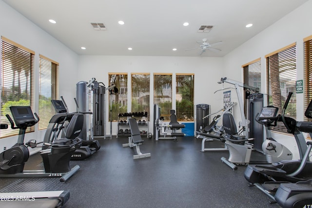 15221 N Clubgate Dr Unit 2132, Scottsdale, AZ 85254 - exercise room featuring a ceiling fan, a healthy amount of sunlight, and recessed lighting