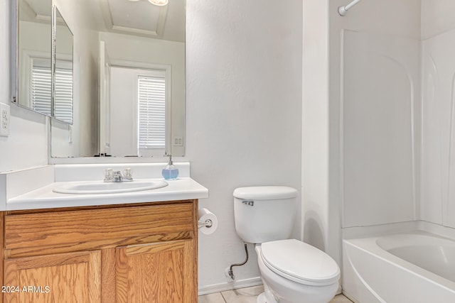 full bathroom with vanity, toilet, tile patterned floors, and shower / washtub combination