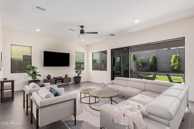 living room with ceiling fan