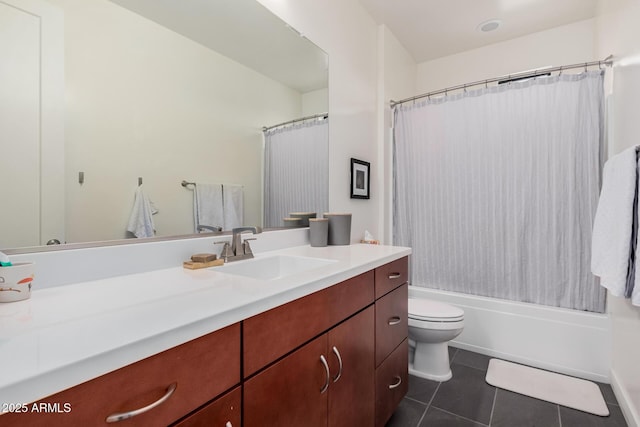 full bathroom featuring vanity, shower / bath combo, tile patterned floors, and toilet