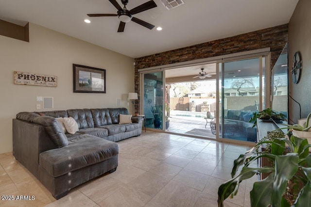 living room with ceiling fan