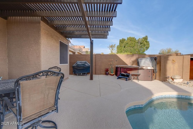 view of patio / terrace featuring a grill, a pergola, and a hot tub