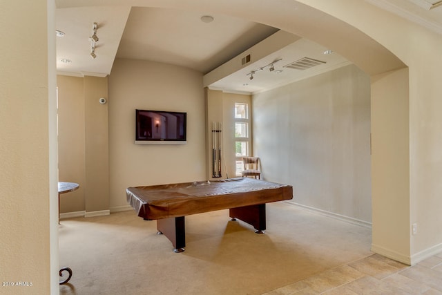 rec room featuring light carpet, rail lighting, crown molding, and pool table