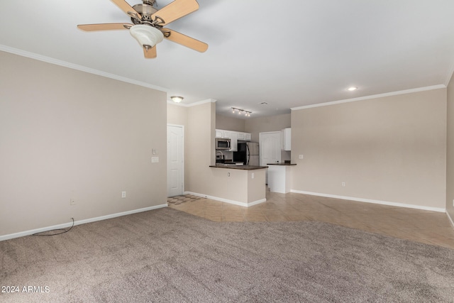 unfurnished living room with light carpet, ceiling fan, and crown molding