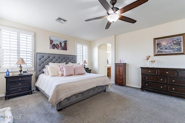 carpeted bedroom with ceiling fan, ensuite bath, and multiple windows