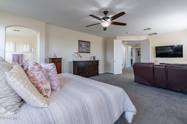 carpeted bedroom featuring ceiling fan