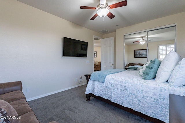 bedroom featuring a closet, carpet flooring, and ceiling fan