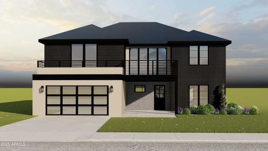 view of front of home featuring a balcony, driveway, and a garage