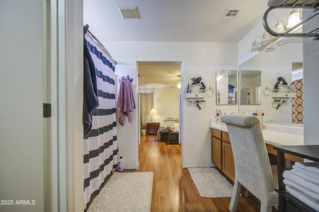 703 N Redwood Ln, Buckeye, AZ 85326 - bathroom with wood finished floors, vanity, and a ceiling fan
