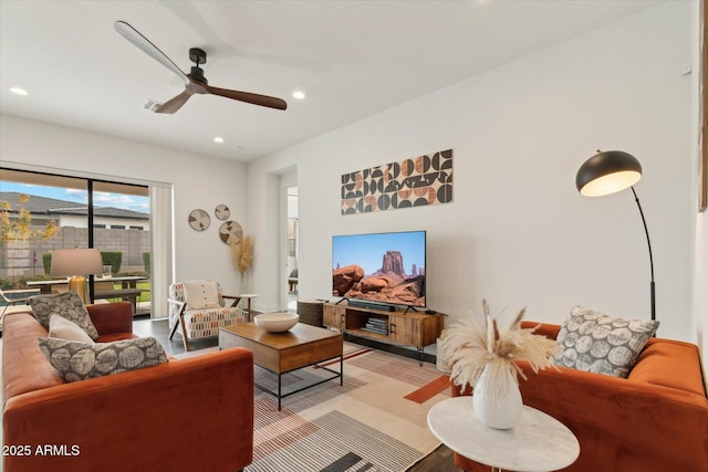 living room with ceiling fan