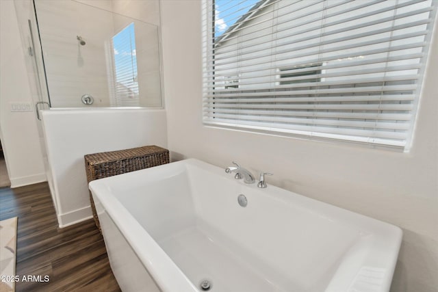 bathroom featuring wood-type flooring and independent shower and bath