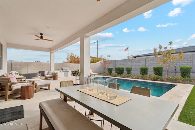 view of pool featuring ceiling fan, grilling area, outdoor lounge area, and a patio area