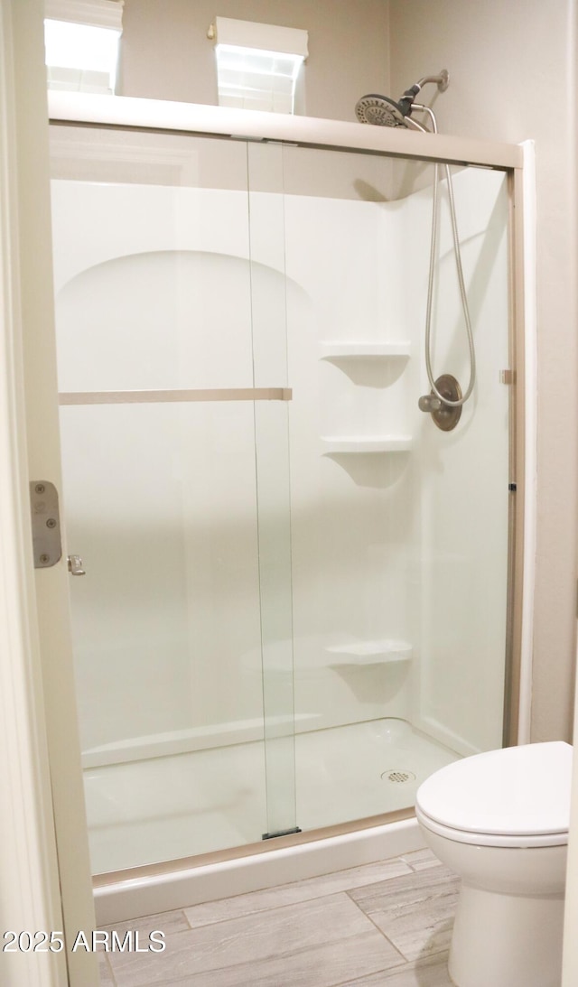 full bathroom featuring a shower stall and toilet