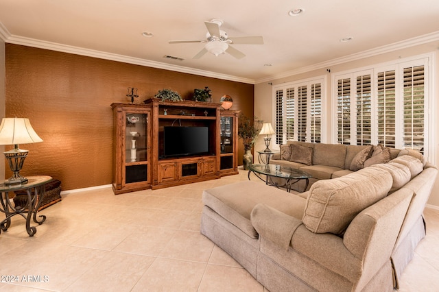 living room with ornamental molding, ceiling fan, and light tile floors