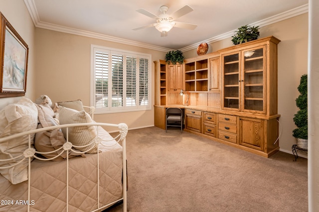 bedroom with ceiling fan, crown molding, and light colored carpet