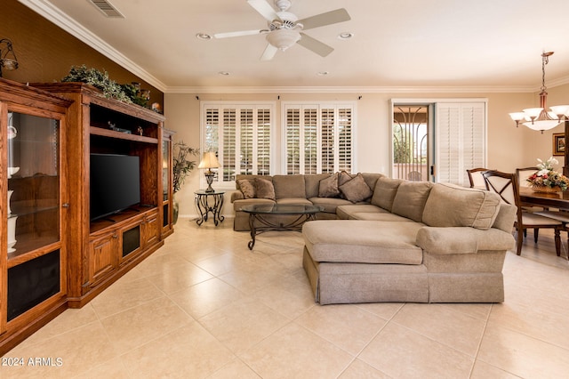 living room with light tile floors, crown molding, and ceiling fan with notable chandelier