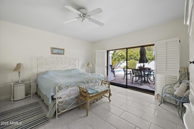 tiled bedroom with access to exterior and ceiling fan