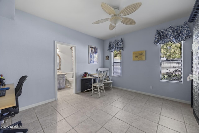 tiled office space with ceiling fan