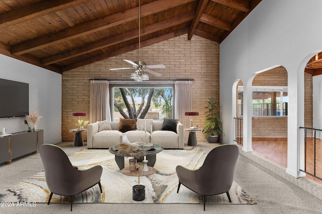 living room with light carpet, wood ceiling, brick wall, and ceiling fan