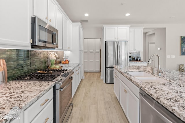 13186 W Via Dona Rd, Peoria, AZ 85383 - kitchen with stainless steel appliances, a sink, white cabinetry, light wood-style flooring, and backsplash