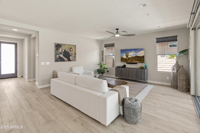 13186 W Via Dona Rd, Peoria, AZ 85383 - living area with recessed lighting, light wood-type flooring, baseboards, and ceiling fan