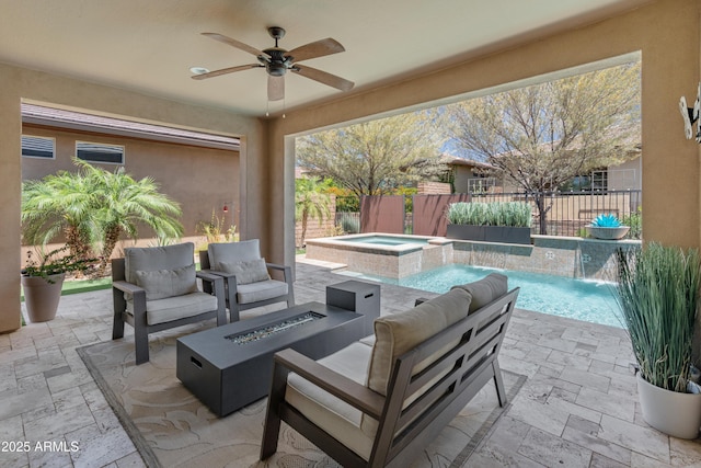 13186 W Via Dona Rd, Peoria, AZ 85383 - fenced backyard featuring a patio, ceiling fan, an outdoor living space with a fire pit, and a pool with connected hot tub