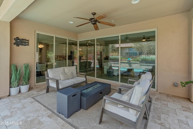 13186 W Via Dona Rd, Peoria, AZ 85383 - view of patio / terrace with an outdoor living space with a fire pit, a ceiling fan, and an outdoor pool