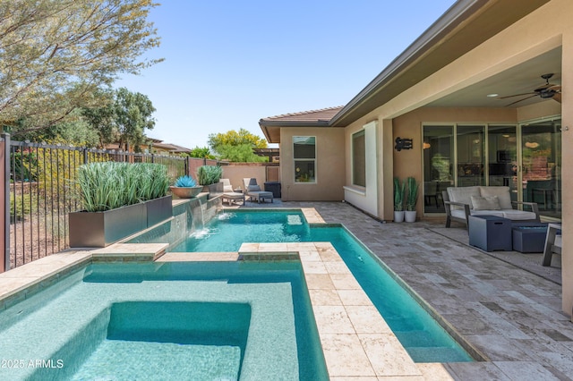 13186 W Via Dona Rd, Peoria, AZ 85383 - view of pool featuring an in-ground hot tub, a patio, a fenced backyard, a ceiling fan, and outdoor lounge area