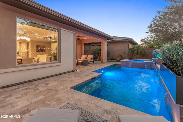 13186 W Via Dona Rd, Peoria, AZ 85383 - view of pool featuring a patio area, a fenced backyard, a ceiling fan, a pool with connected hot tub, and an outdoor hangout area