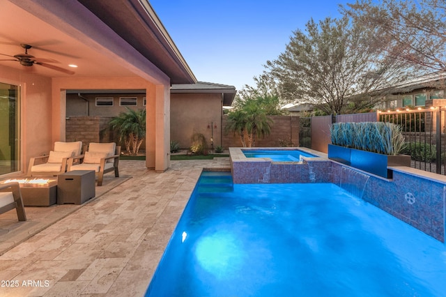 13186 W Via Dona Rd, Peoria, AZ 85383 - view of pool with an in-ground hot tub, an outdoor fire pit, a patio area, and a ceiling fan
