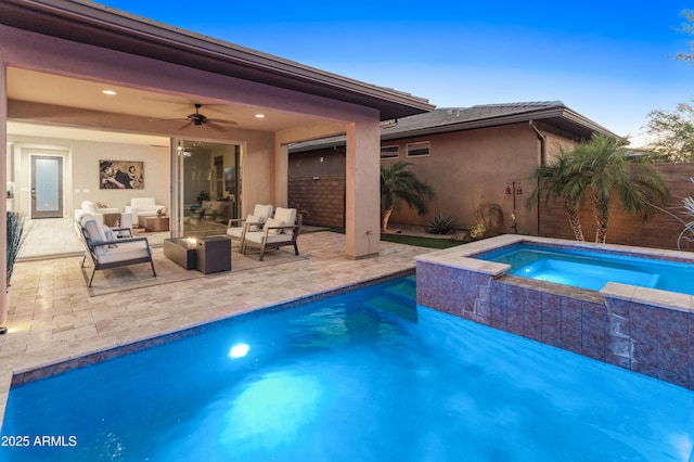 13186 W Via Dona Rd, Peoria, AZ 85383 - view of swimming pool featuring ceiling fan, a patio area, an in-ground hot tub, and an outdoor living space
