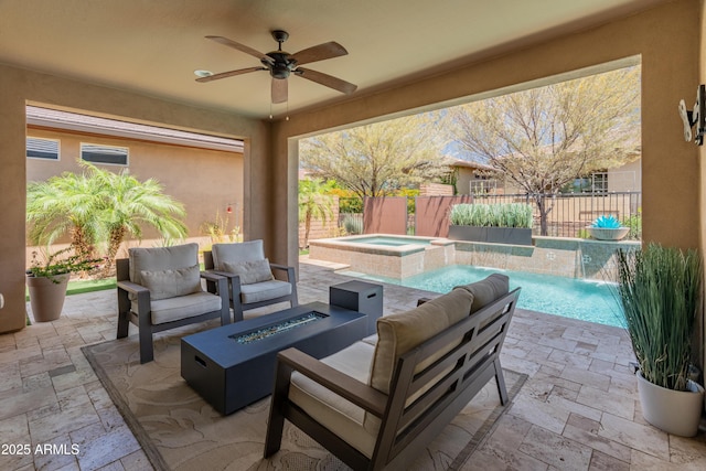 13186 W Via Dona Rd, Peoria, AZ 85383 - fenced backyard with a patio, ceiling fan, an outdoor living space with a fire pit, and an in-ground hot tub