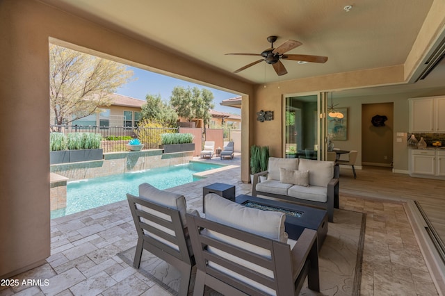 13186 W Via Dona Rd, Peoria, AZ 85383 - fenced backyard with a ceiling fan, outdoor lounge area, and a patio