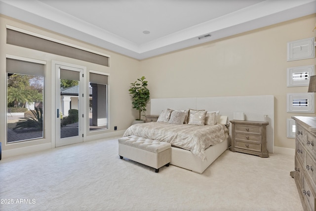 carpeted bedroom with a raised ceiling and access to exterior