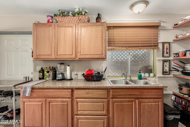 kitchen with light countertops, a sink, and open shelves