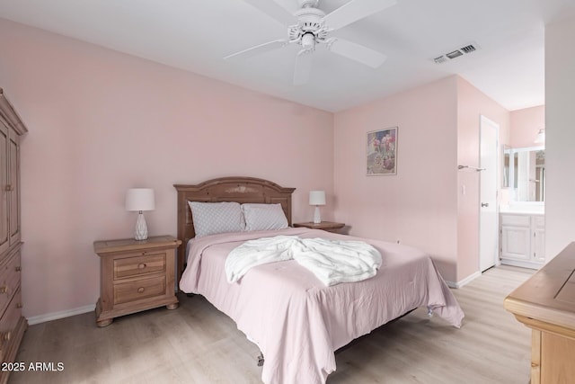 bedroom with baseboards, visible vents, ceiling fan, and light wood finished floors