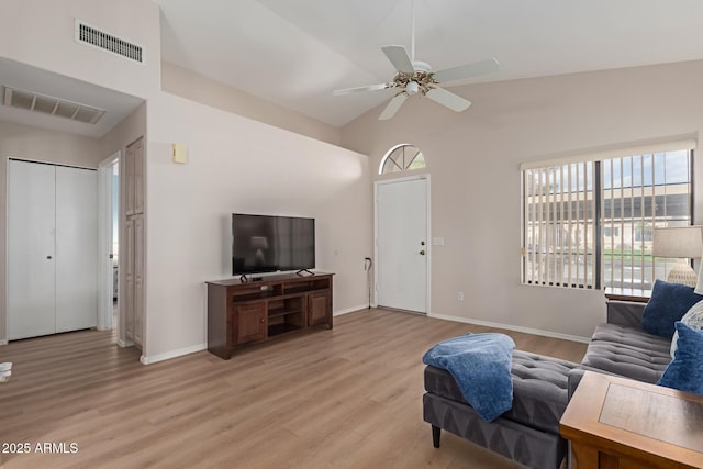 living area with light wood-type flooring, baseboards, and visible vents