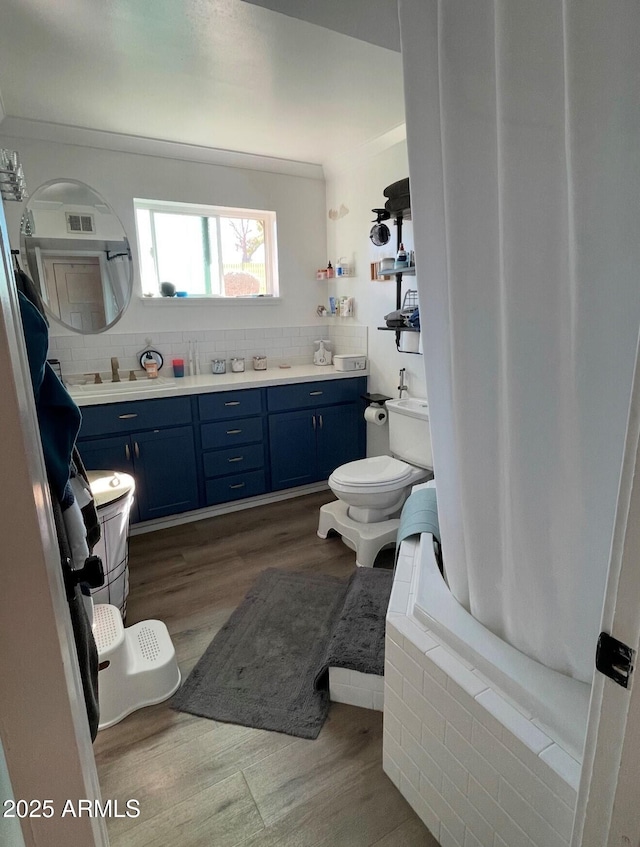 bathroom featuring wood-type flooring, backsplash, toilet, and vanity