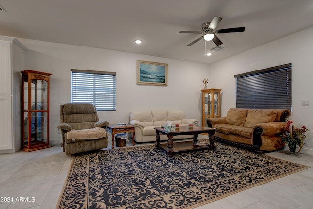 living room with ceiling fan