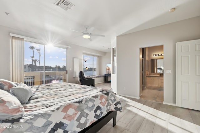 bedroom featuring connected bathroom and ceiling fan