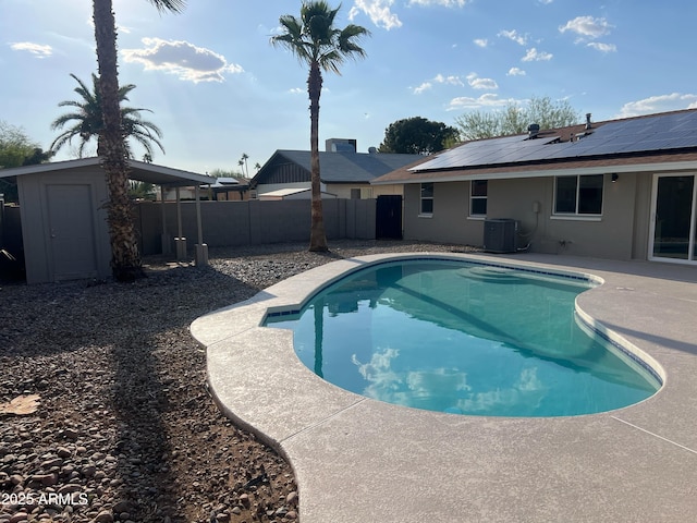 1545 W Marco Polo Rd, Phoenix, AZ 85027 - view of swimming pool with a storage unit, a fenced backyard, a patio, central air condition unit, and an outbuilding