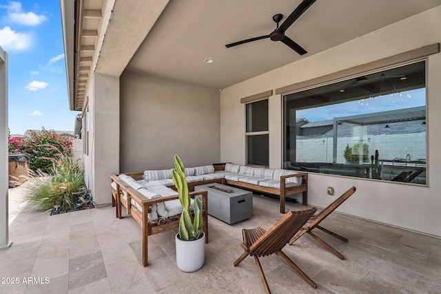 10006 E Rotation Dr, Mesa, AZ 85212 - view of patio / terrace with a ceiling fan and an outdoor living space with a fire pit