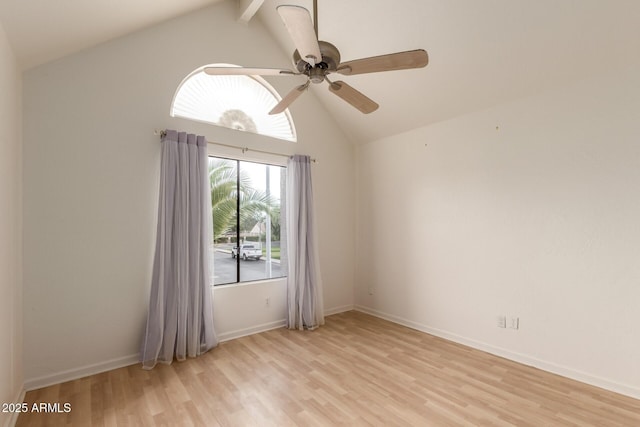 unfurnished room with light wood-style floors, lofted ceiling with beams, baseboards, and a ceiling fan